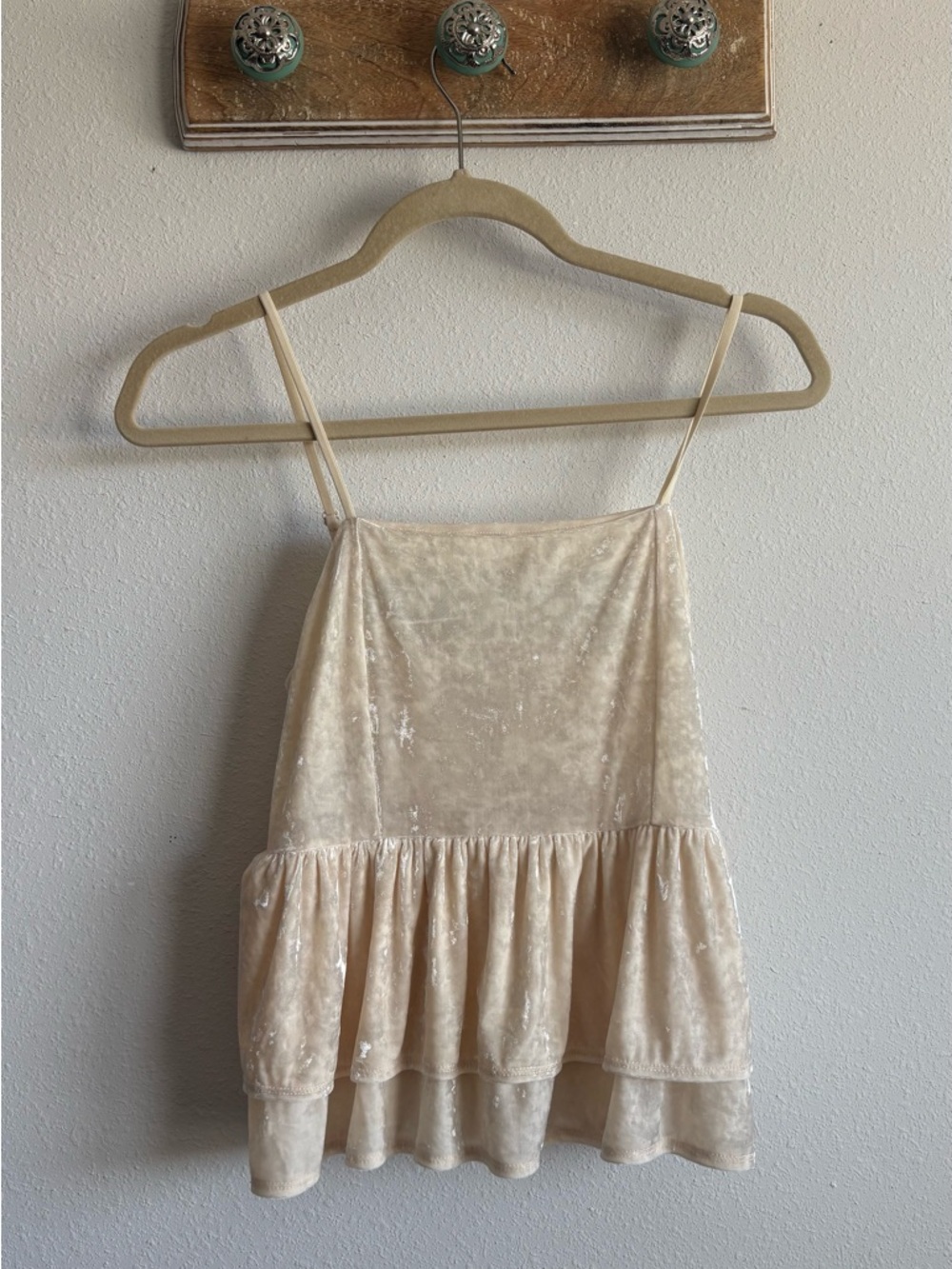 American Eagle Outfitters Cream Velvet Spaghetti Strap Peplum Tank